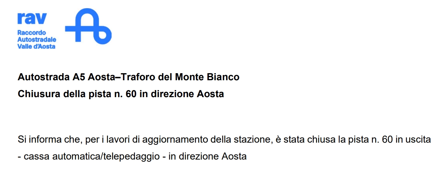 Chiusura della pista n. 60 in direzione Aosta
