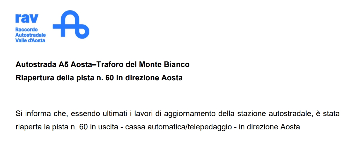 Riapertura della pista n. 60 in direzione Aosta