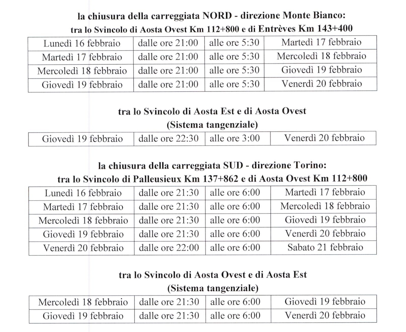 CHIUSURE AUTOSTRADALI PER INTERVENTI DI MANUTENZIONE ED ADEGUAMENTO DELLE GALLERIE AL D.LGS. 264/06 - ORDINANZA N. 08 DEL 12.02.2026