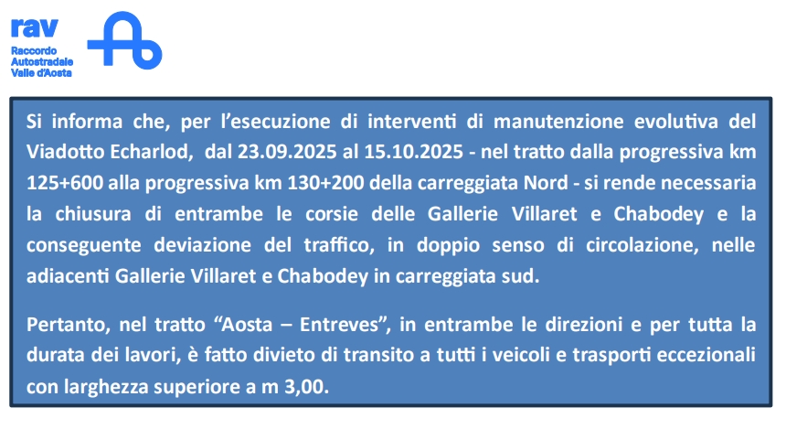 Tratto “Aosta – Entreves” carreggiata Nord - Chiusura delle Gallerie Villaret e Chabodey  dal 23.09.2025 al 15.10.2025