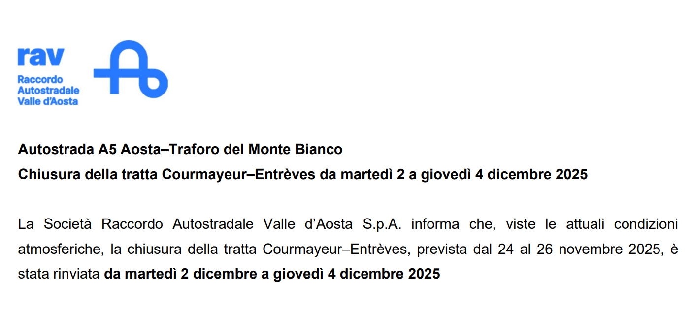 Chiusura della tratta Courmayeur–Entrèves da martedì 2 a giovedì 4 dicembre 2025