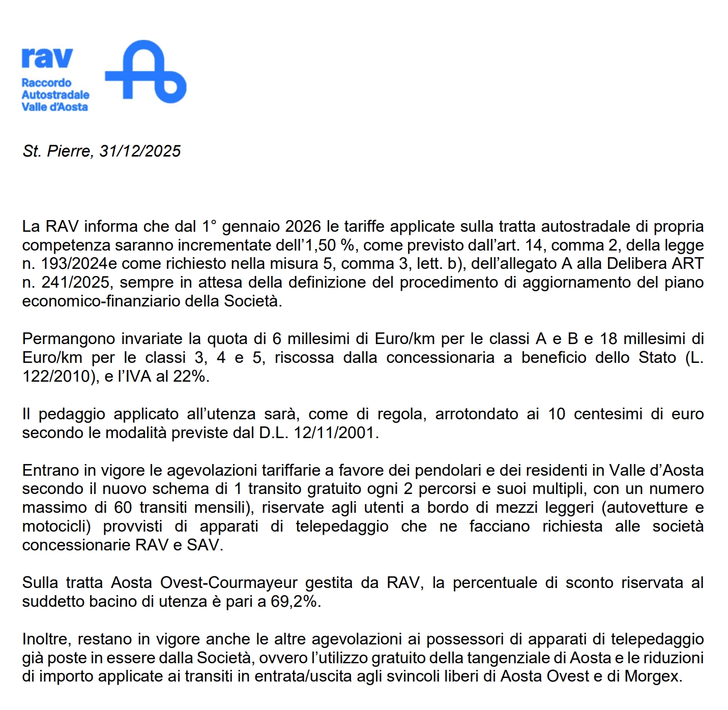 TARIFFE: DAL 1° GENNAIO 2026 IN VIGORE L’ADEGUAMENTO DELL' 1,50%
