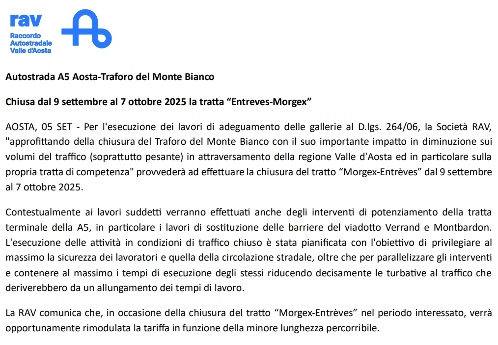 Autostrada A5 Aosta-Traforo del Monte Bianco - Chiusa dal 9 settembre al 7 ottobre 2025 la tratta “Entreves-Morgex”