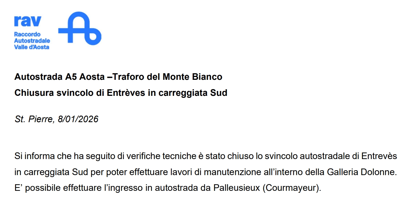 Chiusura svincolo di Entrèves in carreggiata Sud 