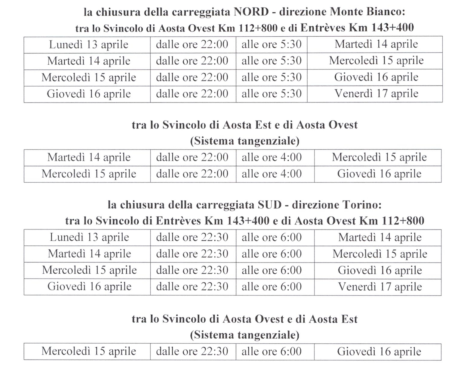 CHIUSURE AUTOSTRADALI PER INTERVENTI DI MANUTENZIONE ED ADEGUAMENTO DELLE GALLERIE AL D.LGS. 264/06 - ORDINANZA N. 23 DEL 09.04.2026